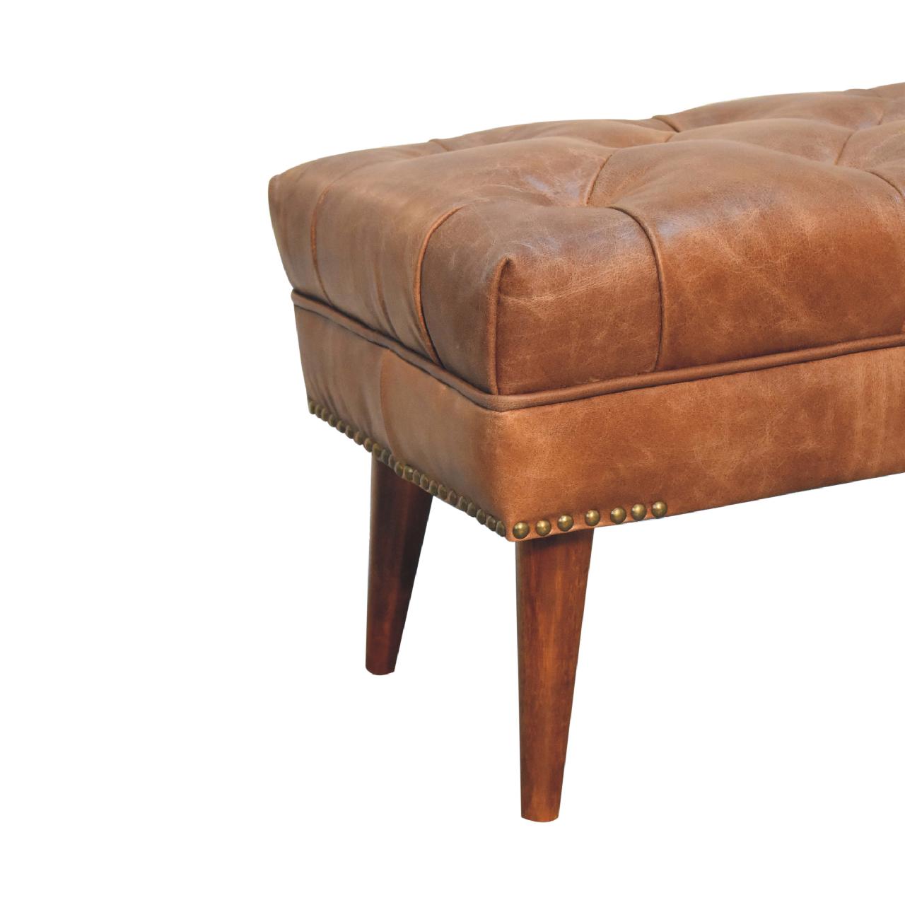 Harbour Brown Leather Bench – Tufted Buffalo Hide & Solid Wood Legs