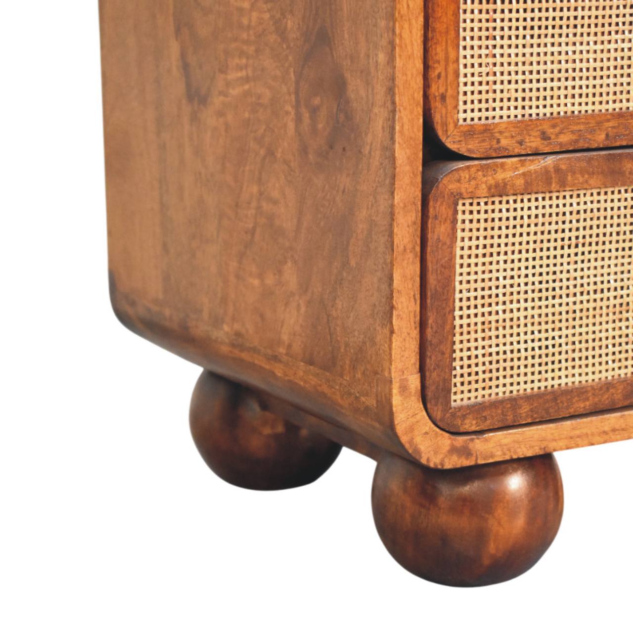 Larissa Rattan Nightstand – 2 Drawer Solid Mango Wood in Chestnut Finish