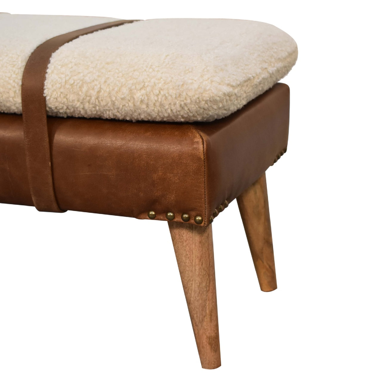 Bouclé & Buffalo Hide Leather Bench – Oak Finish Legs