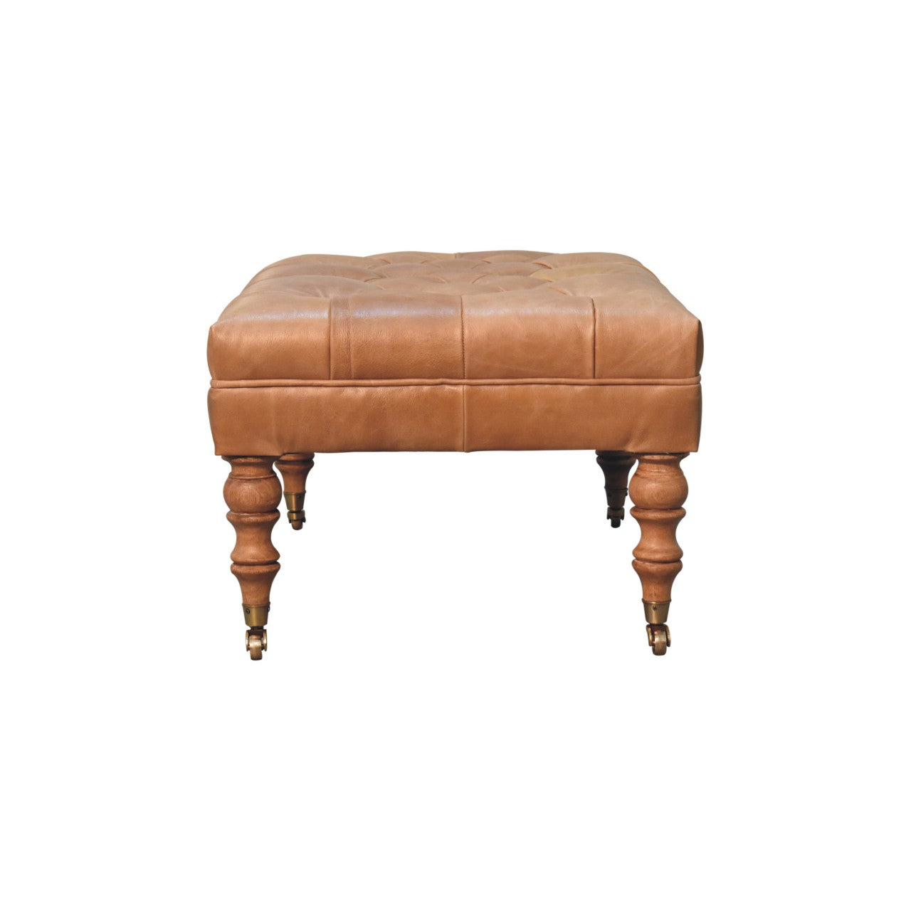 Buffalo Tan Leather Ottoman – Solid Mango Wood Castor Legs