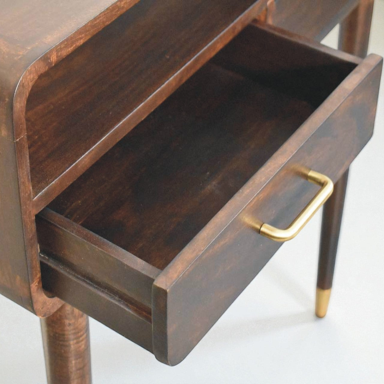 Apollo Curved Console Desk – Solid Mango Wood with Brass Accents