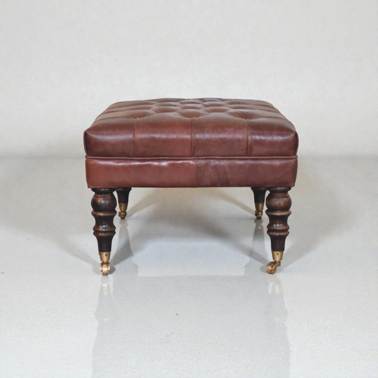 Handcrafted Buffalo Leather Ottoman Tufted Bench with Castor Legs, Solid Mango Wood