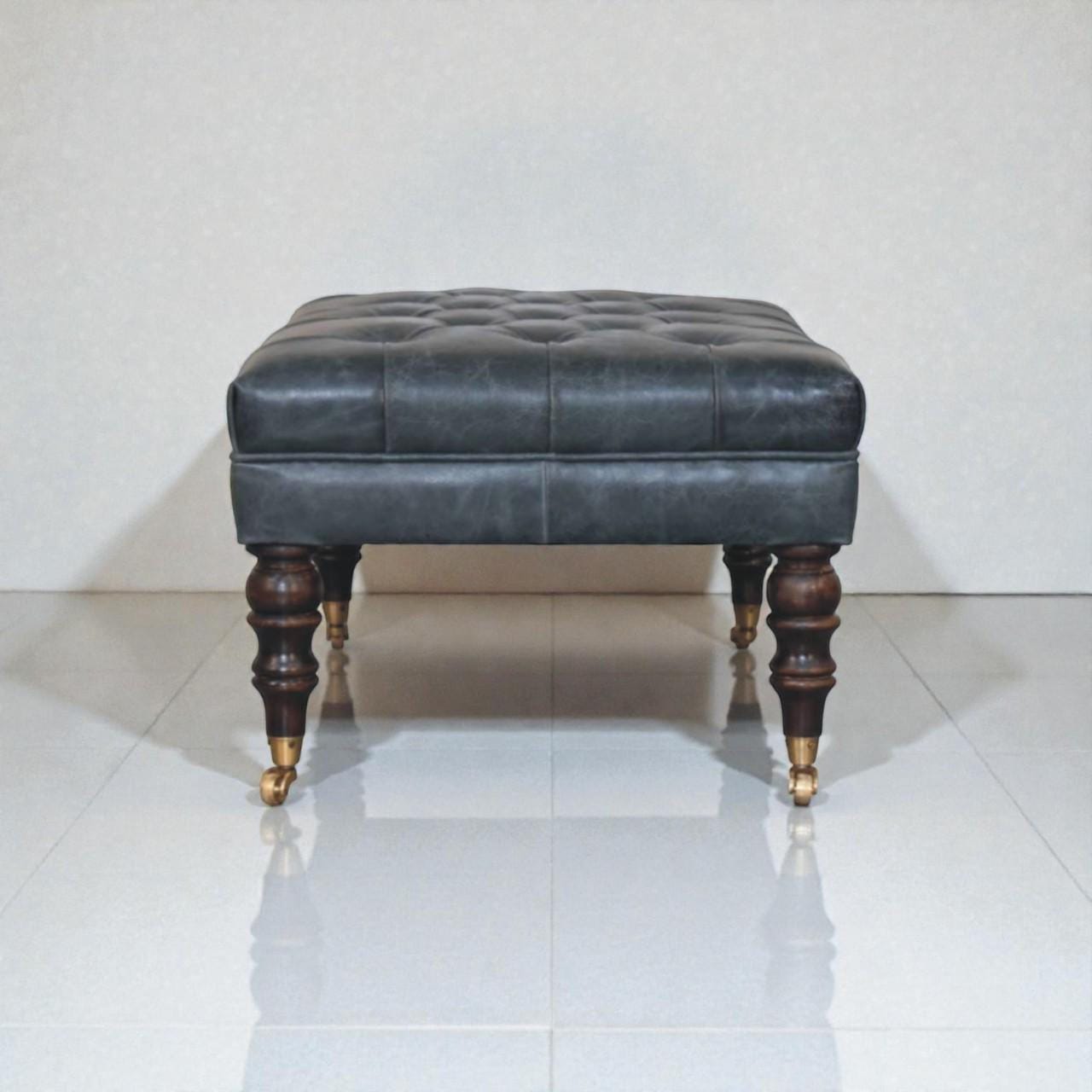 Handcrafted Buffalo Leather Ottoman with Brass Castor Legs Teal Tufted Bench