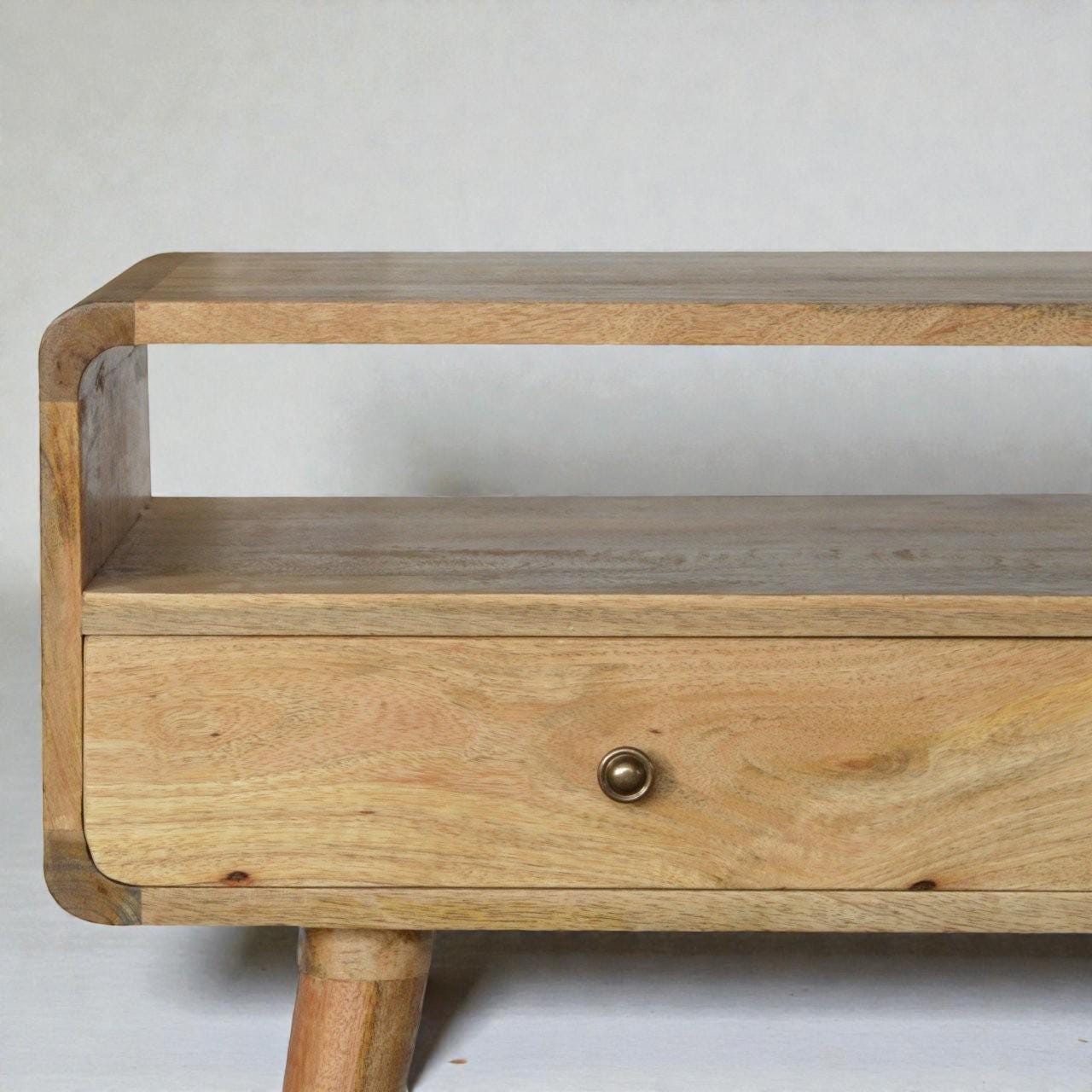 Curved Oak-Finish Console Table – Solid Mango Wood | Nordic Legs | Entryway & Living Room Storage