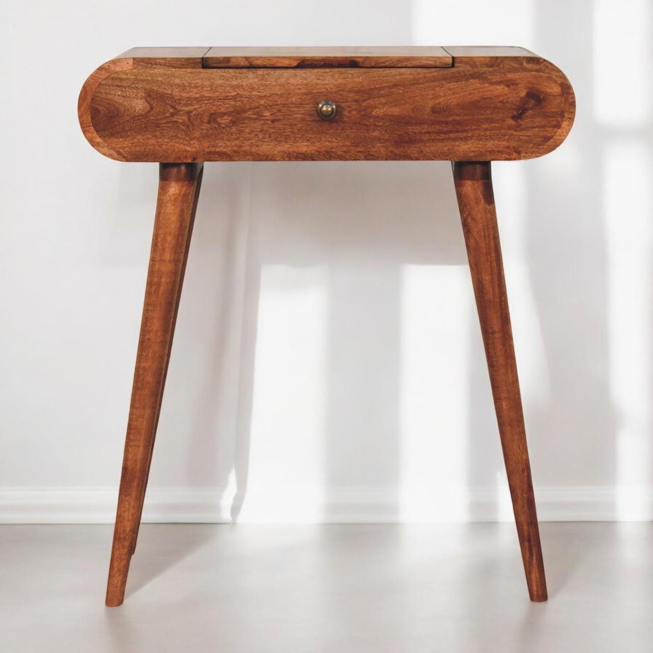 Honey Caramel Dressing Table | Solid Wood Vanity with Foldable Mirror & Storage