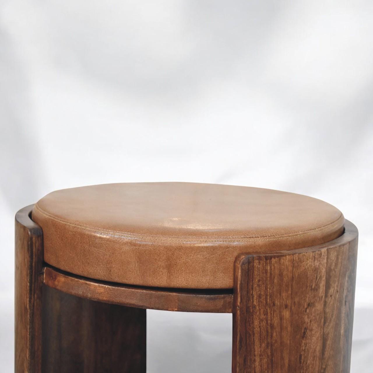 Savoy Leather Stool | Solid Mango Wood & Genuine Leather | Handcrafted
