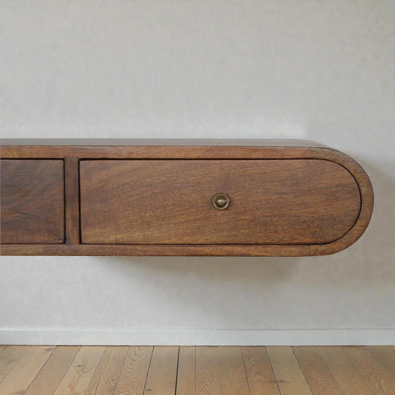 Floating Chestnut Curved Wall Console with Drawers – Solid Wood Storage Shelf