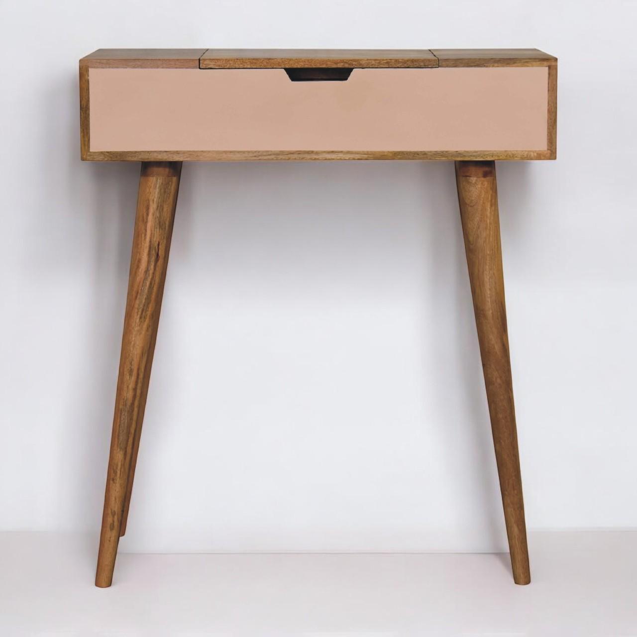 Mini Pink Dressing Table with Foldable Mirror - Solid Mango Wood | Oak-ish Finish | Nordic Design