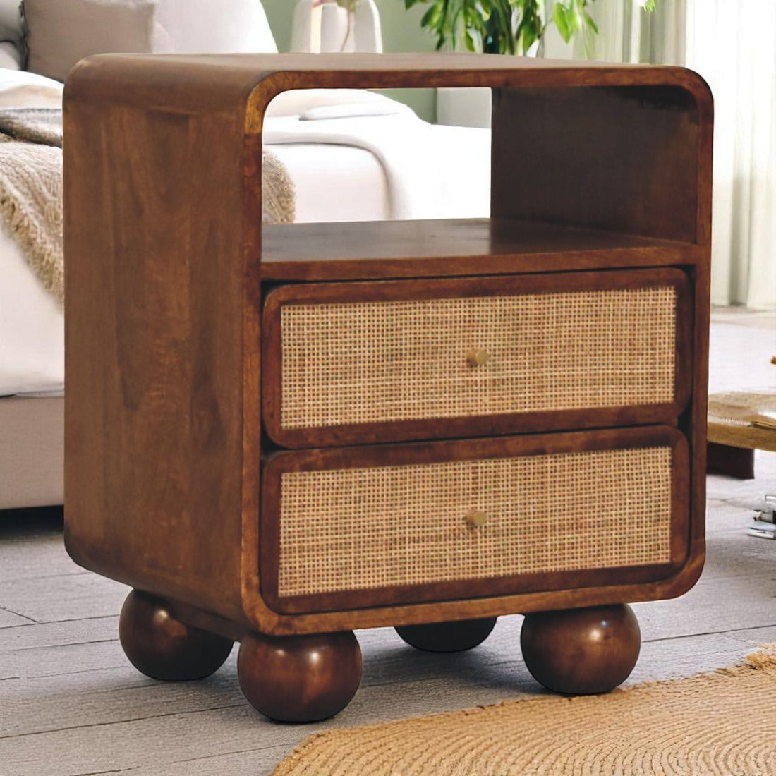 Handcrafted wooden nightstand with rattan drawers and rounded bun feet – The Larissa by Delano Home
