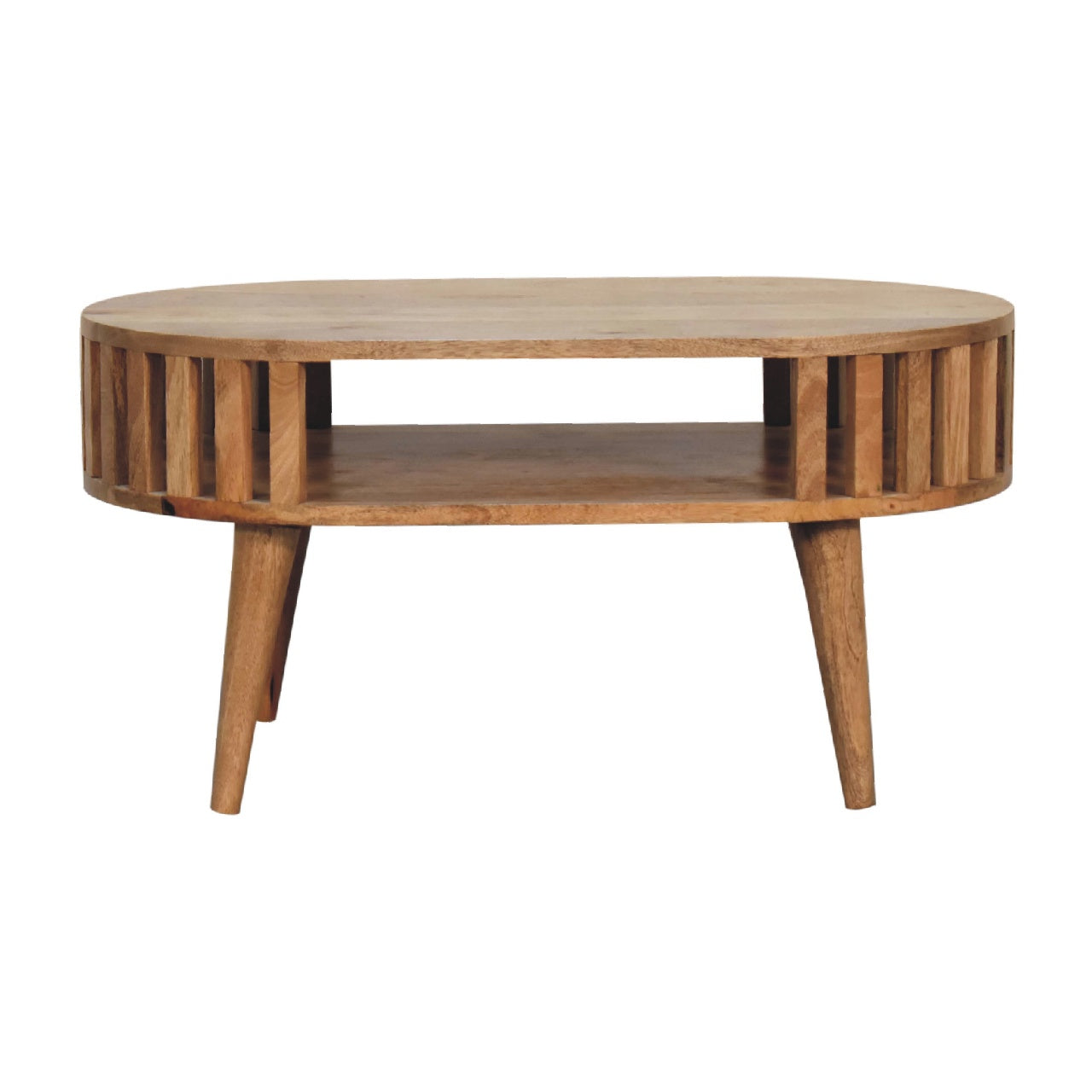 Round Oak Coffee Table with Open Shelf — Solid Mango Wood