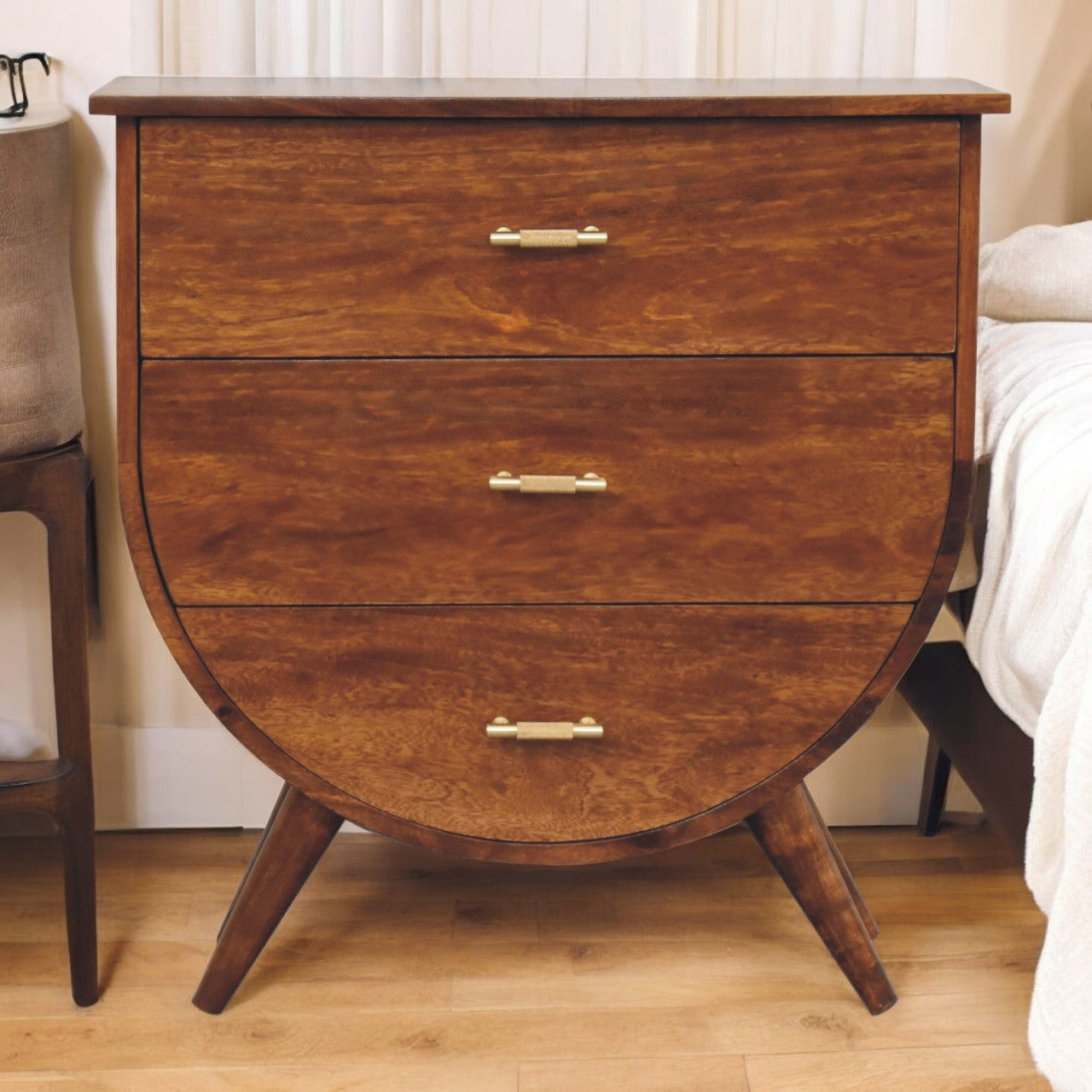 Gira Bedside Chest – Curved Elegance in Chestnut
