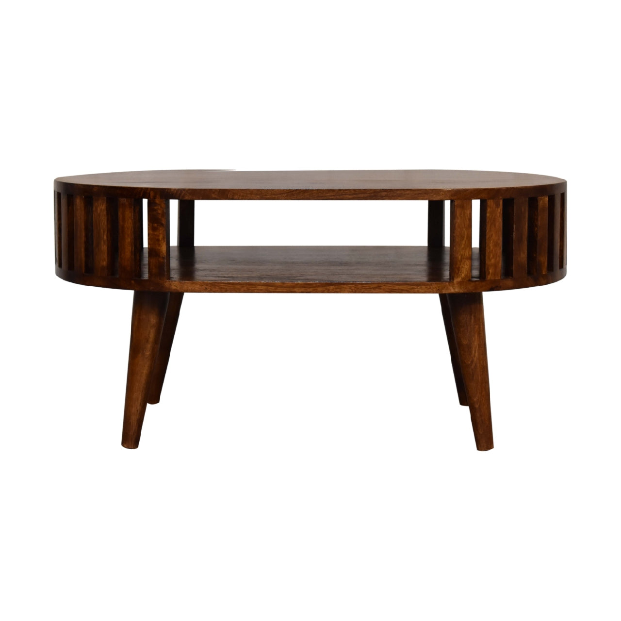 Round Walnut Coffee Table with Open Shelf — Solid Mango Wood