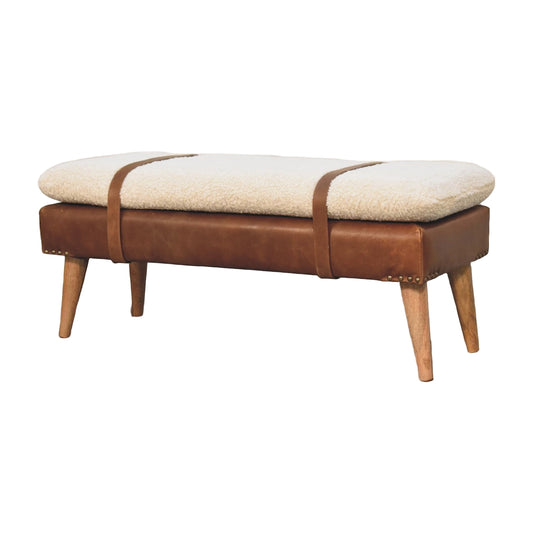 Bouclé & Buffalo Hide Leather Bench – Oak Finish Legs