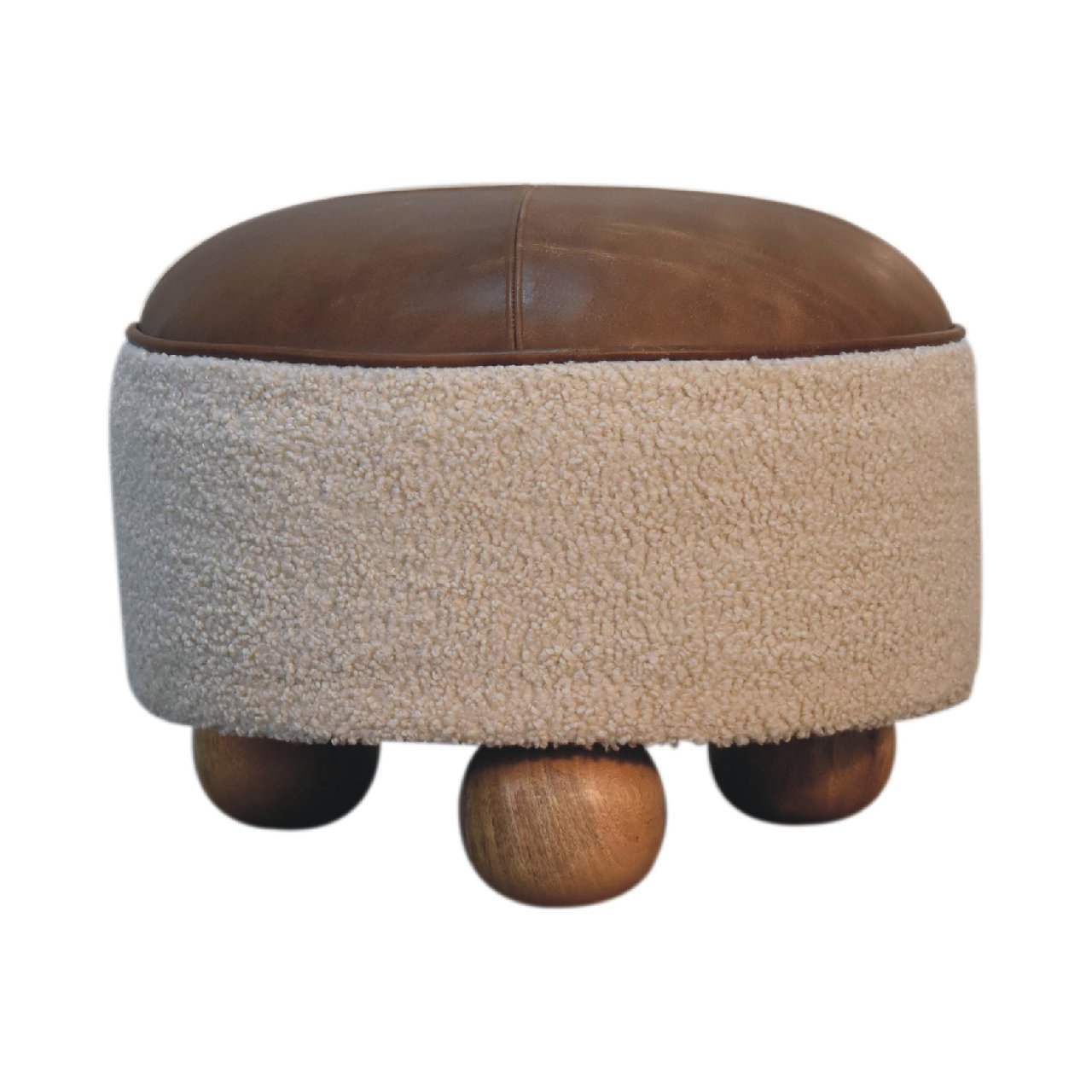 Cream Bouclé Buffalo Footstool – Leather & Cotton with Solid Wood Base