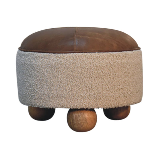 Cream Bouclé Buffalo Footstool – Leather & Cotton with Solid Wood Base