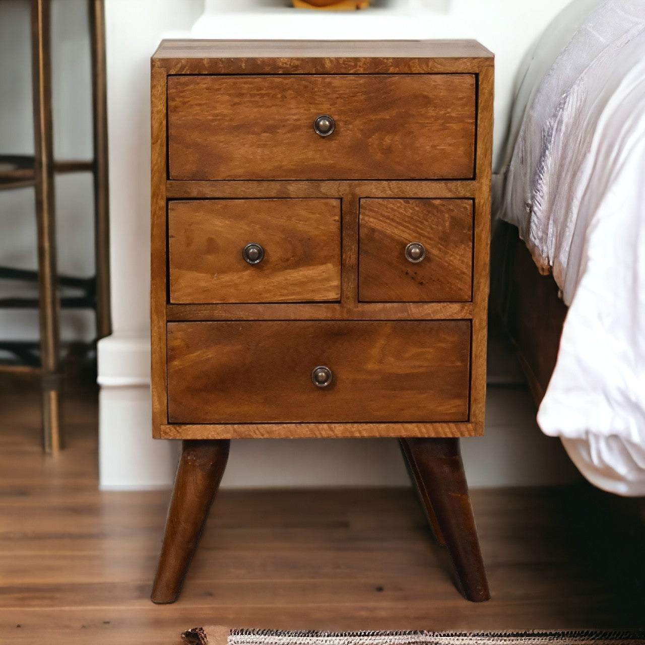 Arden Bedside Chest – Asymmetric Charm in Warm Oak