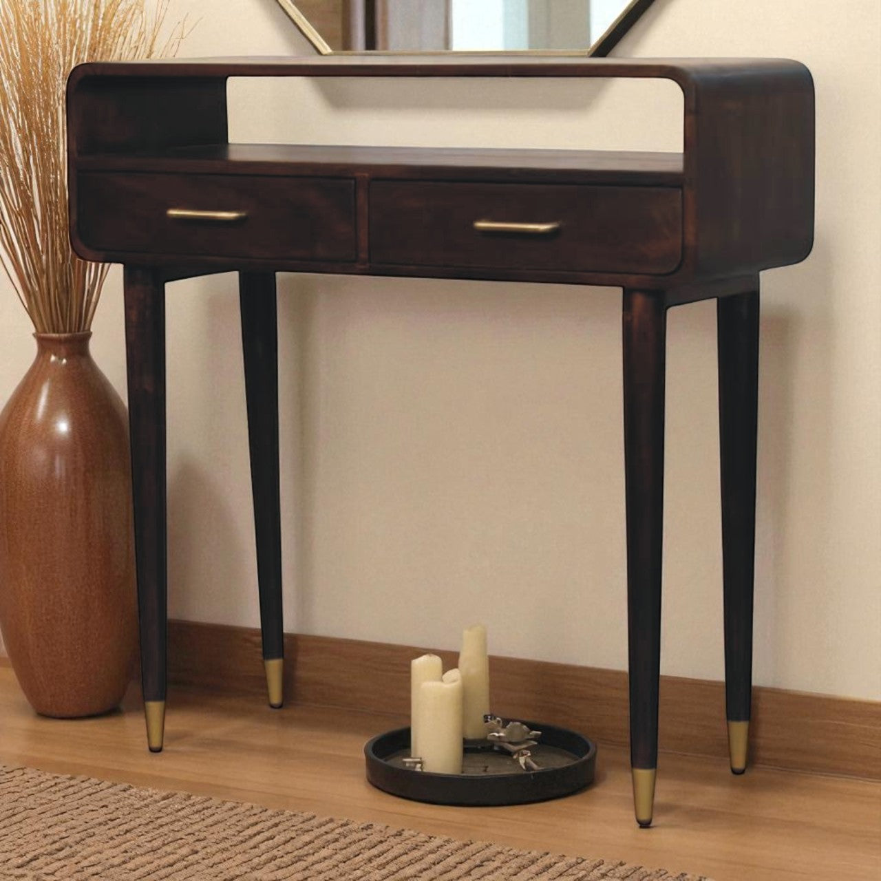 Apollo Curved Console Desk – Solid Mango Wood with Brass Accents