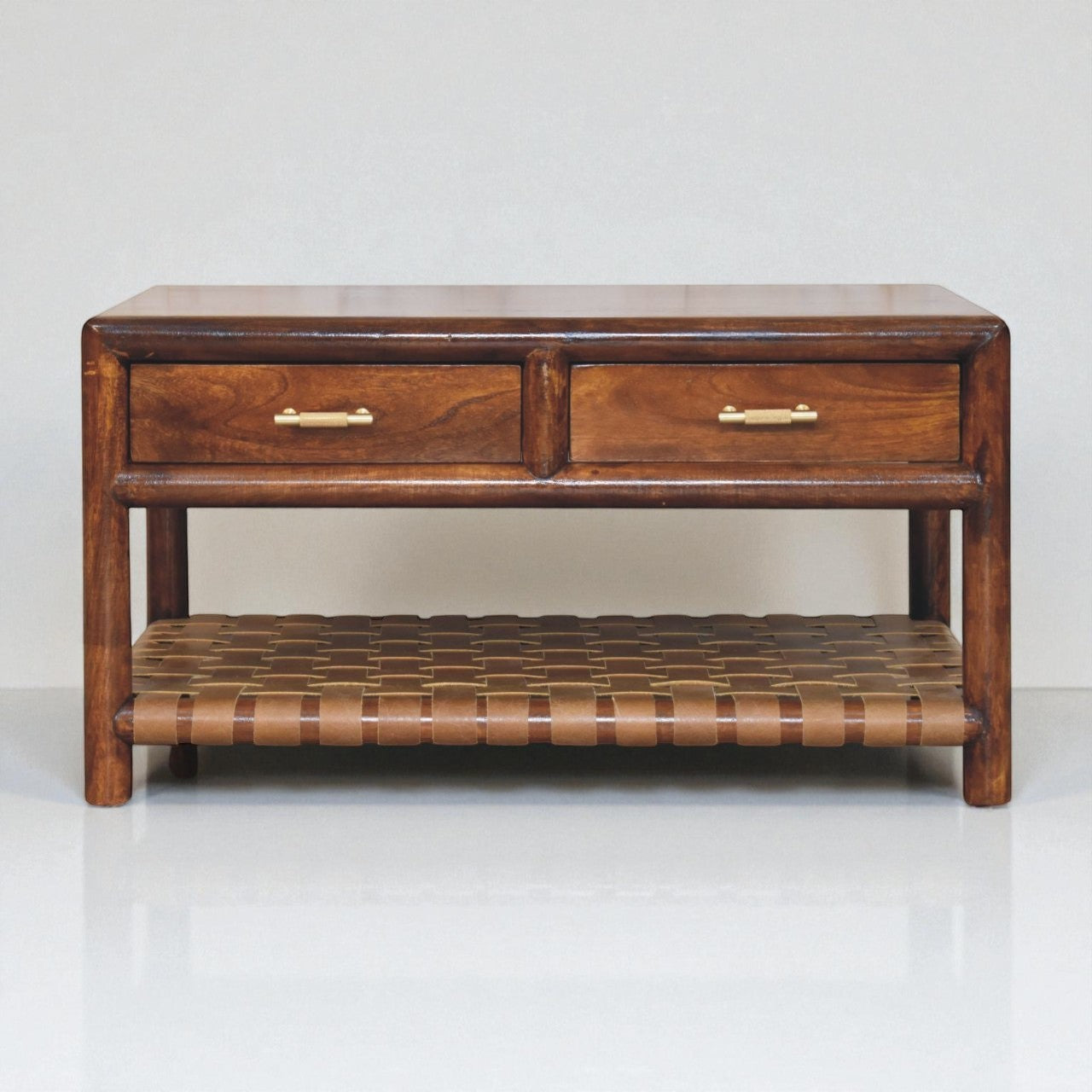 Handmade Regency Woven Console Table – Mango Wood Chestnut Finish with Drawers