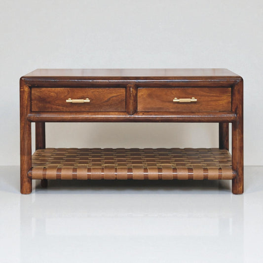 Handmade Regency Woven Console Table – Mango Wood Chestnut Finish with Drawers