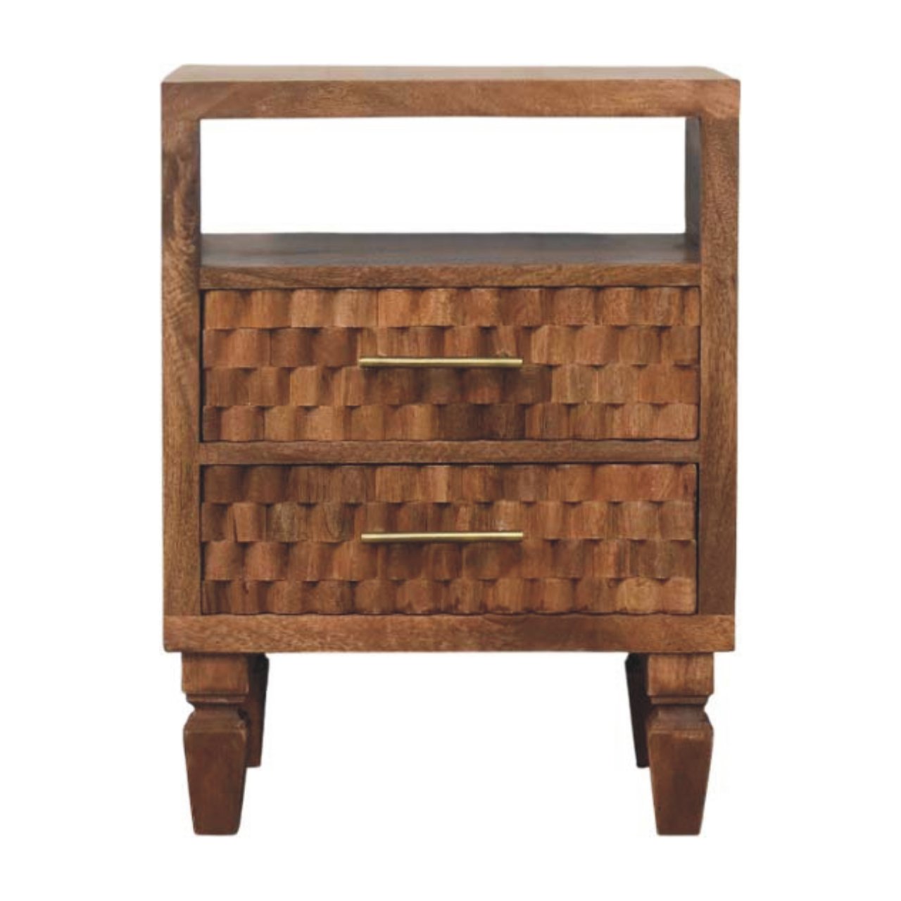 Arno Bedside Table – Golden Teak Finish & Brass Handles.