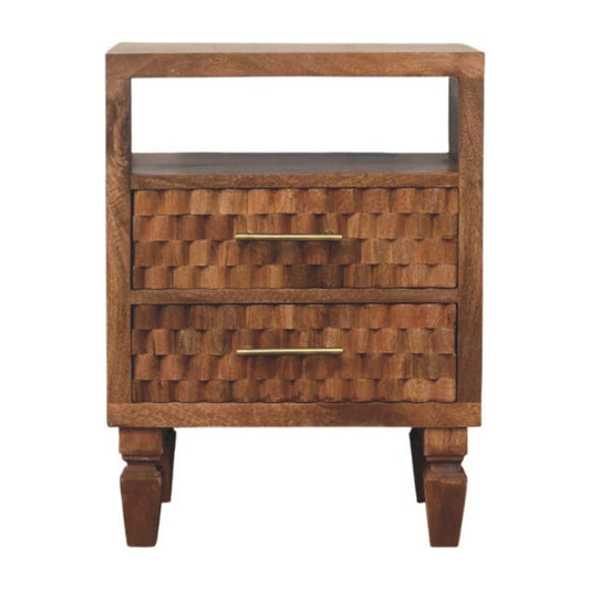 Arno Bedside Table – Golden Teak Finish & Brass Handles.