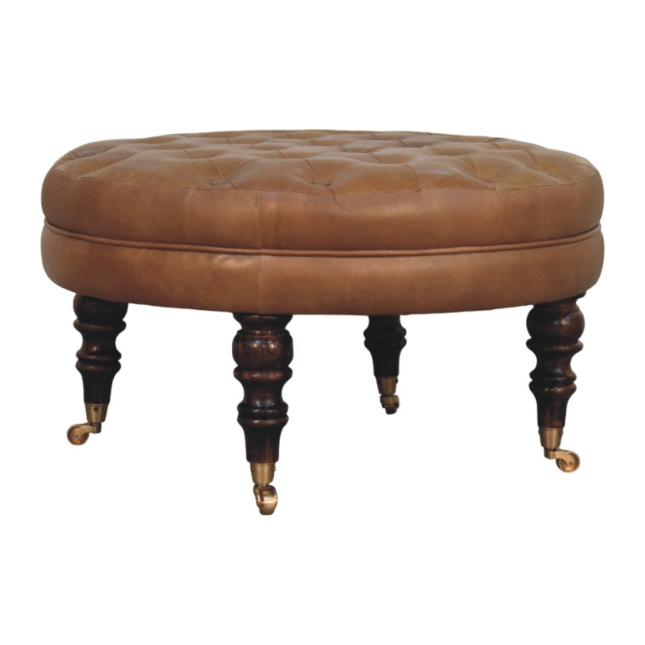 Brown Buffalo Leather Round Ottoman – Solid Mango Wood Castor Legs