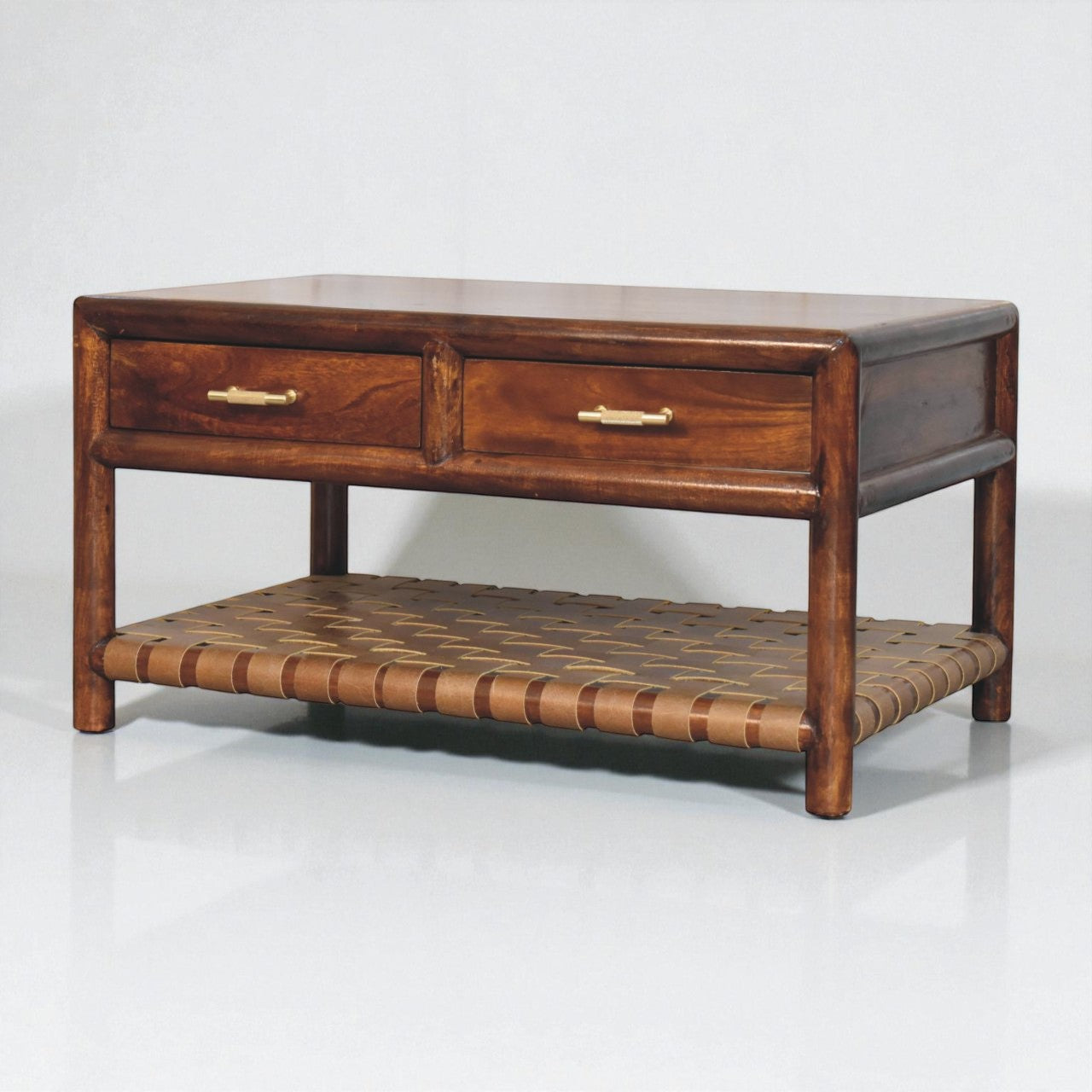 Handmade Regency Woven Console Table – Mango Wood Chestnut Finish with Drawers