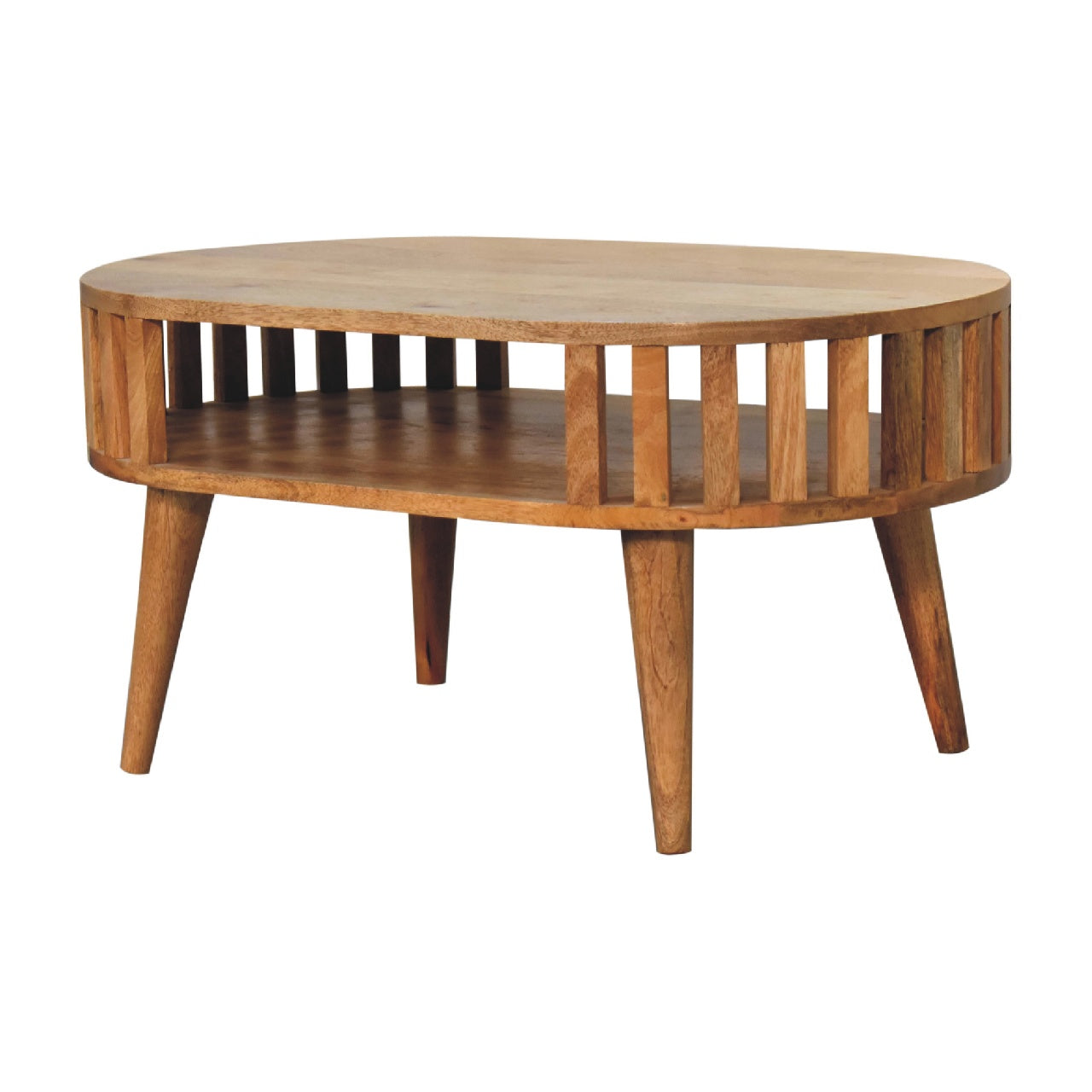 Round Oak Coffee Table with Open Shelf — Solid Mango Wood