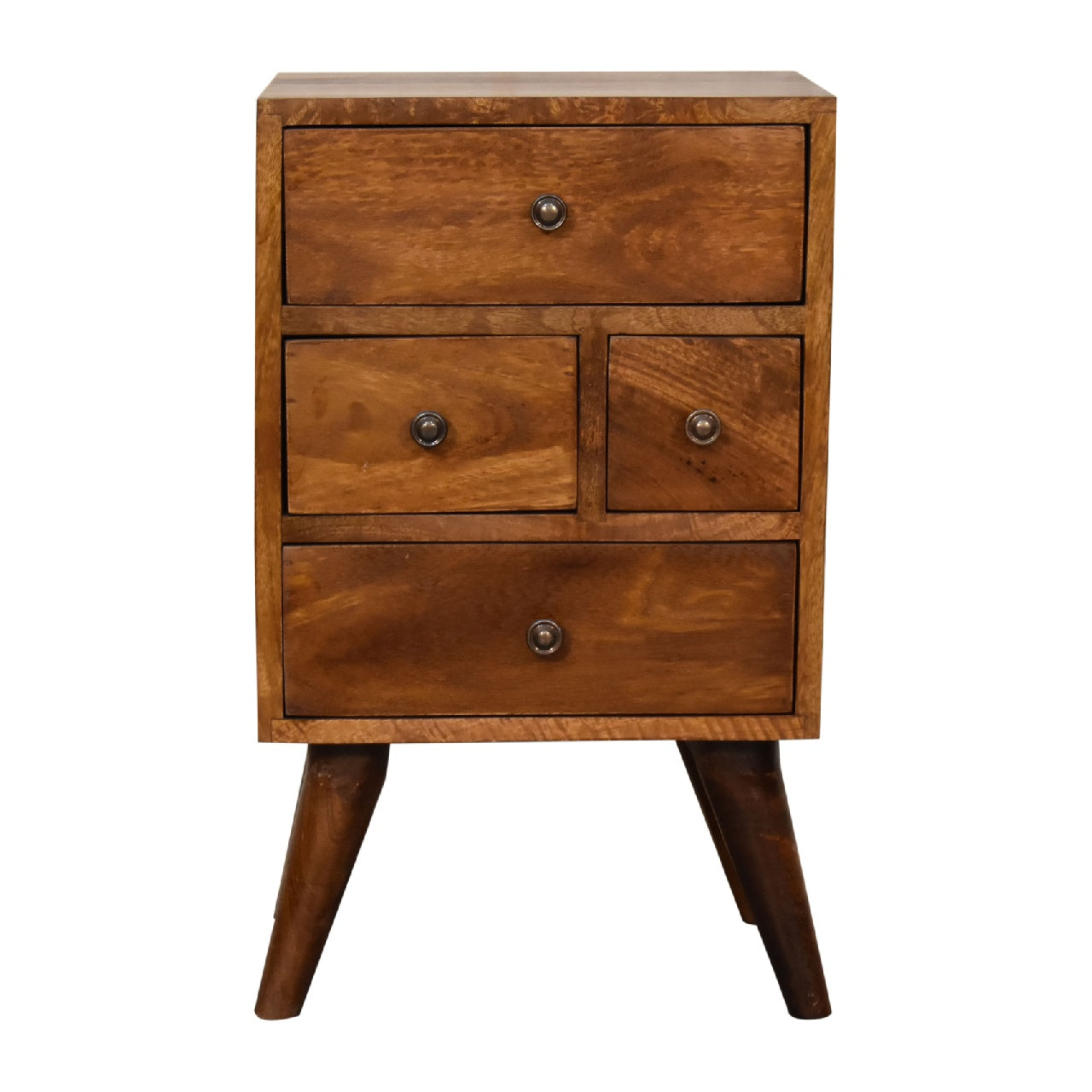 Arden Bedside Chest – Asymmetric Charm in Warm Oak
