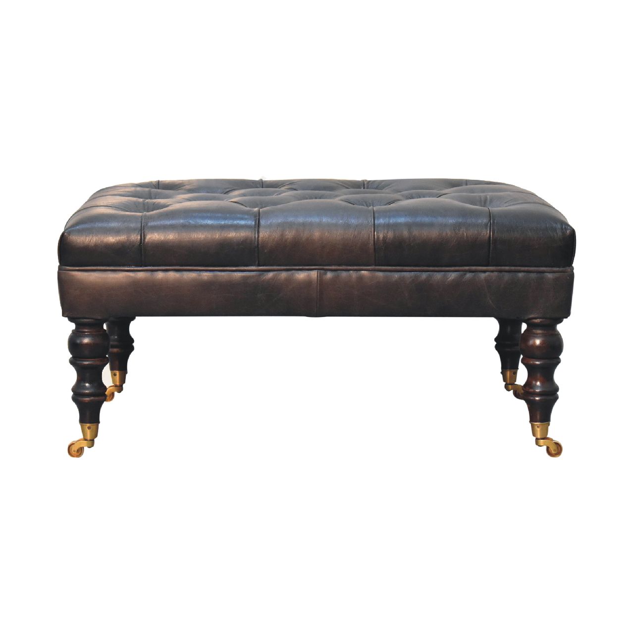 Buffalo Ash Black Leather Bench Ottoman – Solid Mango Wood Castor Legs
