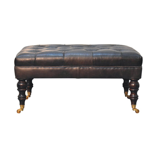Buffalo Ash Black Leather Bench Ottoman – Solid Mango Wood Castor Legs