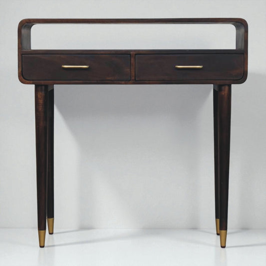 Apollo Curved Console Desk – Solid Mango Wood with Brass Accents