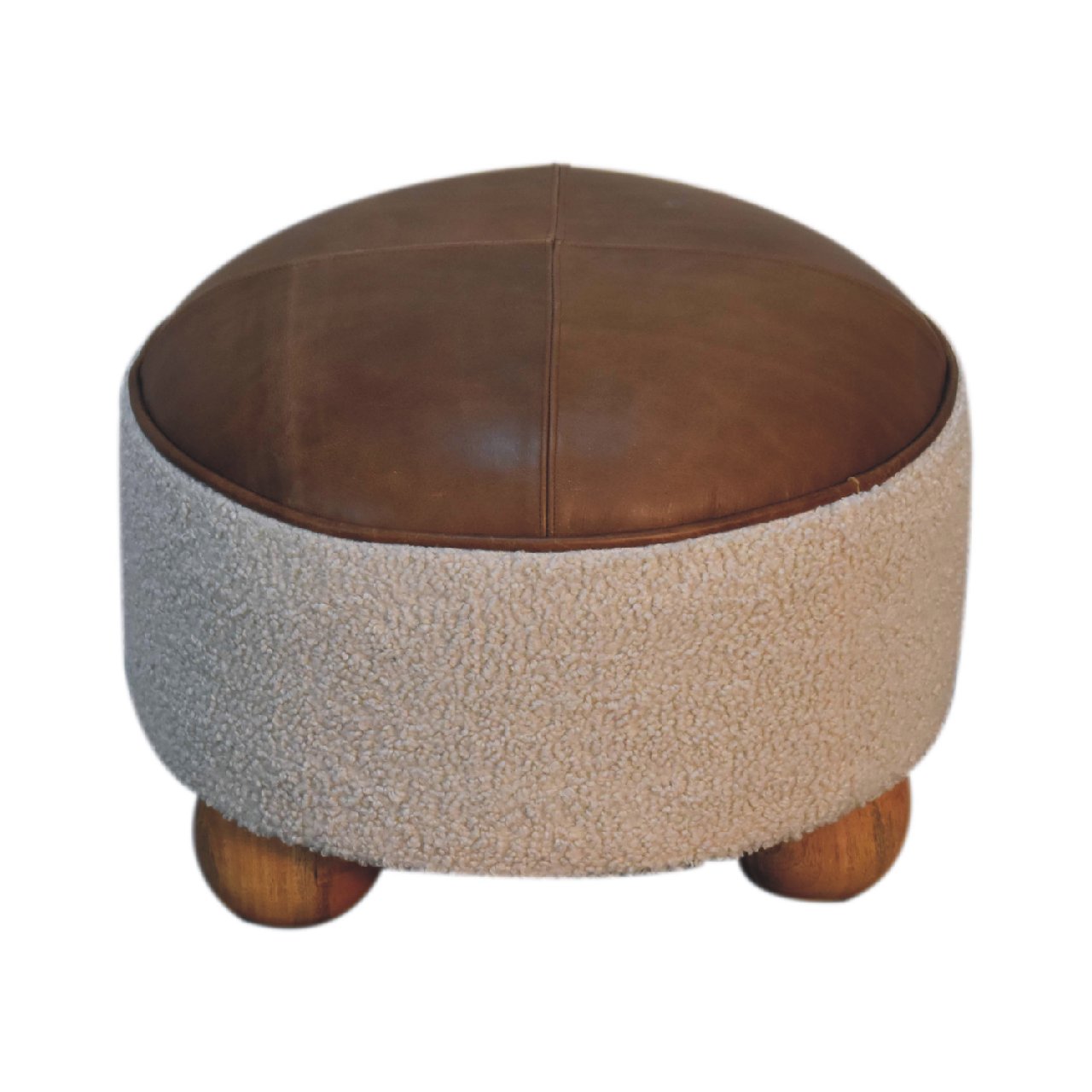 Cream Bouclé Buffalo Footstool – Leather & Cotton with Solid Wood Base