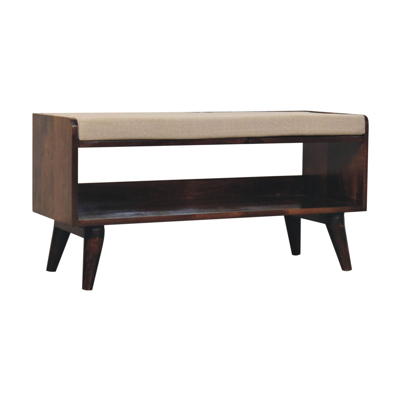 California Walnut Bench with Mud Linen Seat Pad – Solid Mango Wood