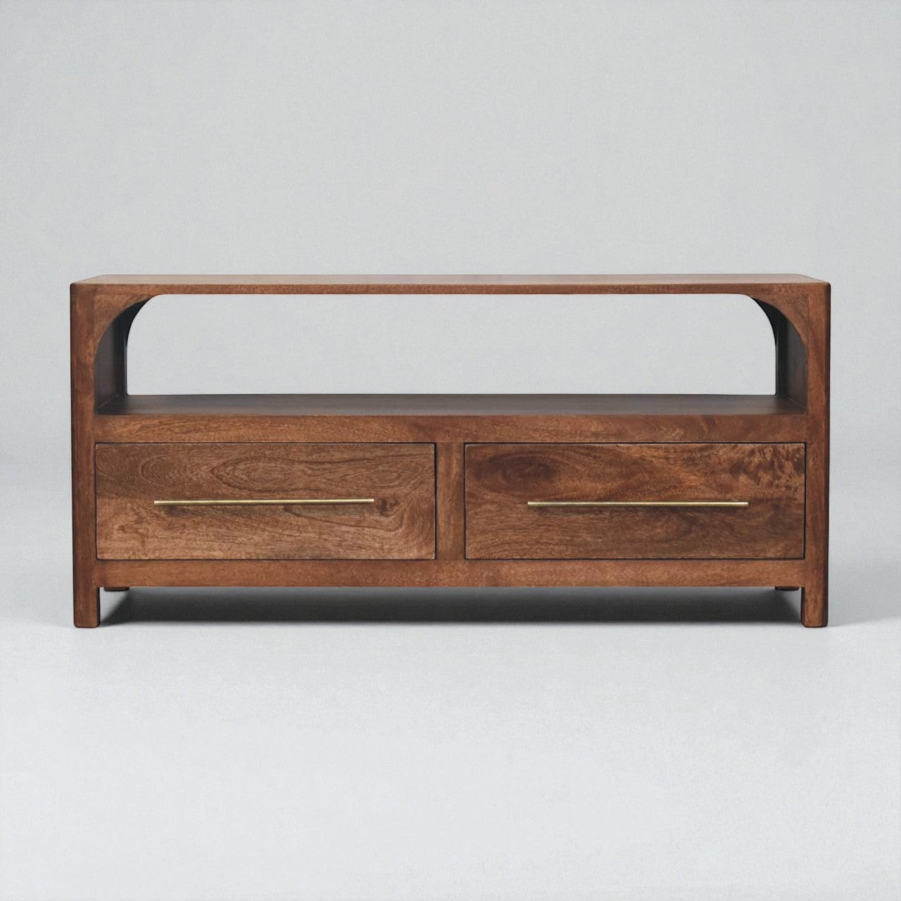 Arc-Line Solid Mango Wood Media Console – Roasted Almond Finish