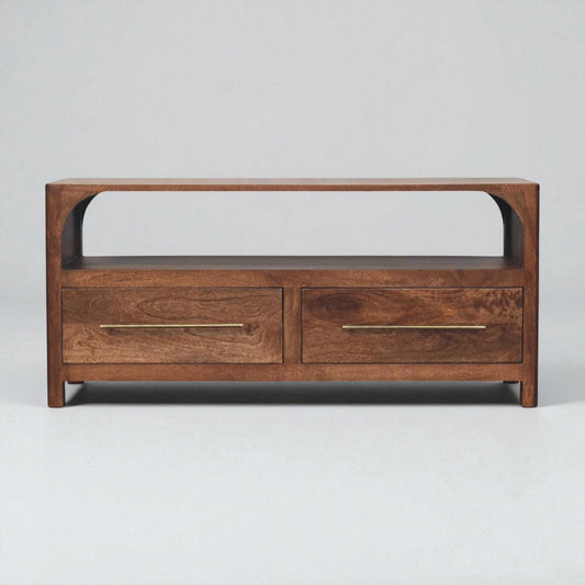 Arc-Line Solid Mango Wood Media Console – Roasted Almond Finish