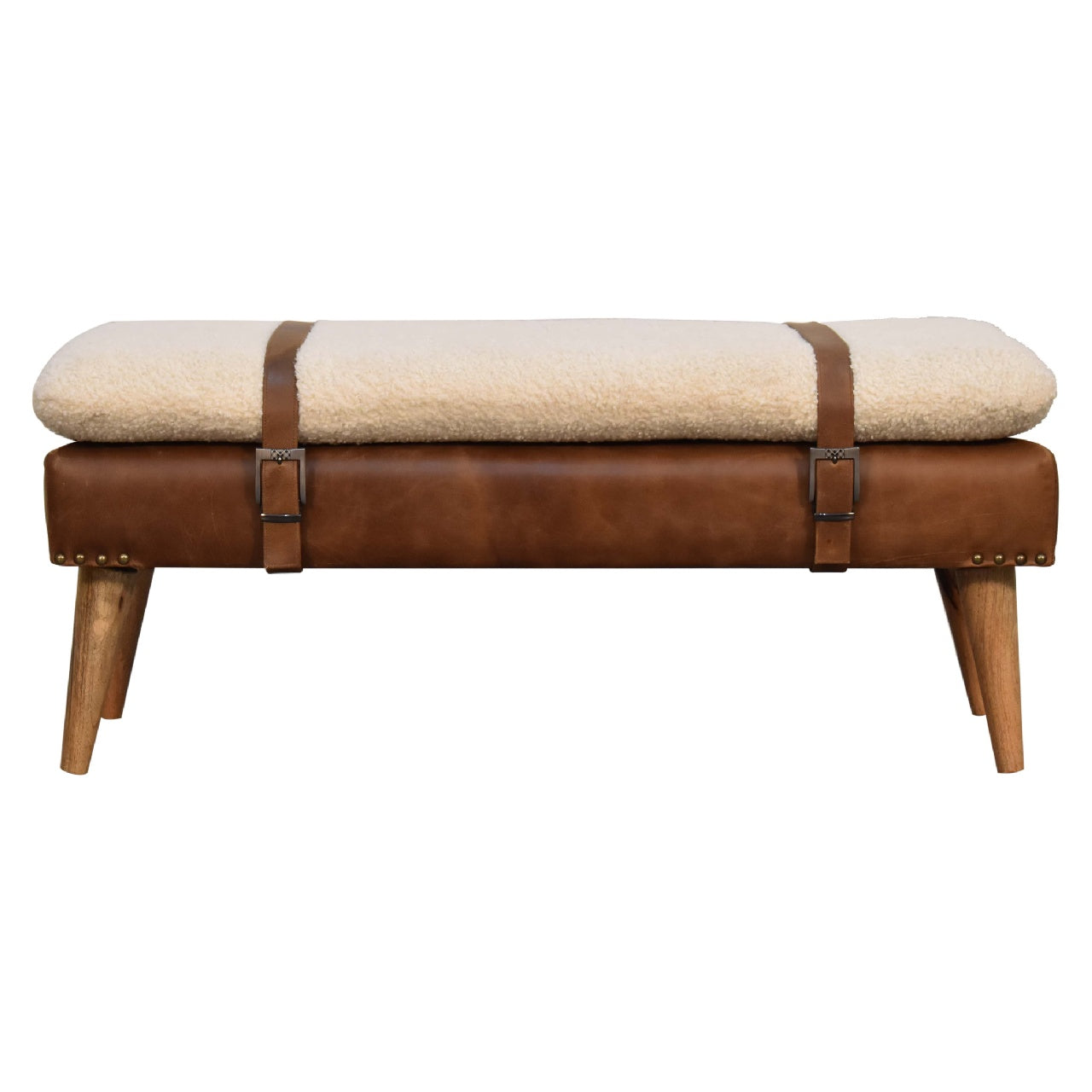 Bouclé & Buffalo Hide Leather Bench – Oak Finish Legs