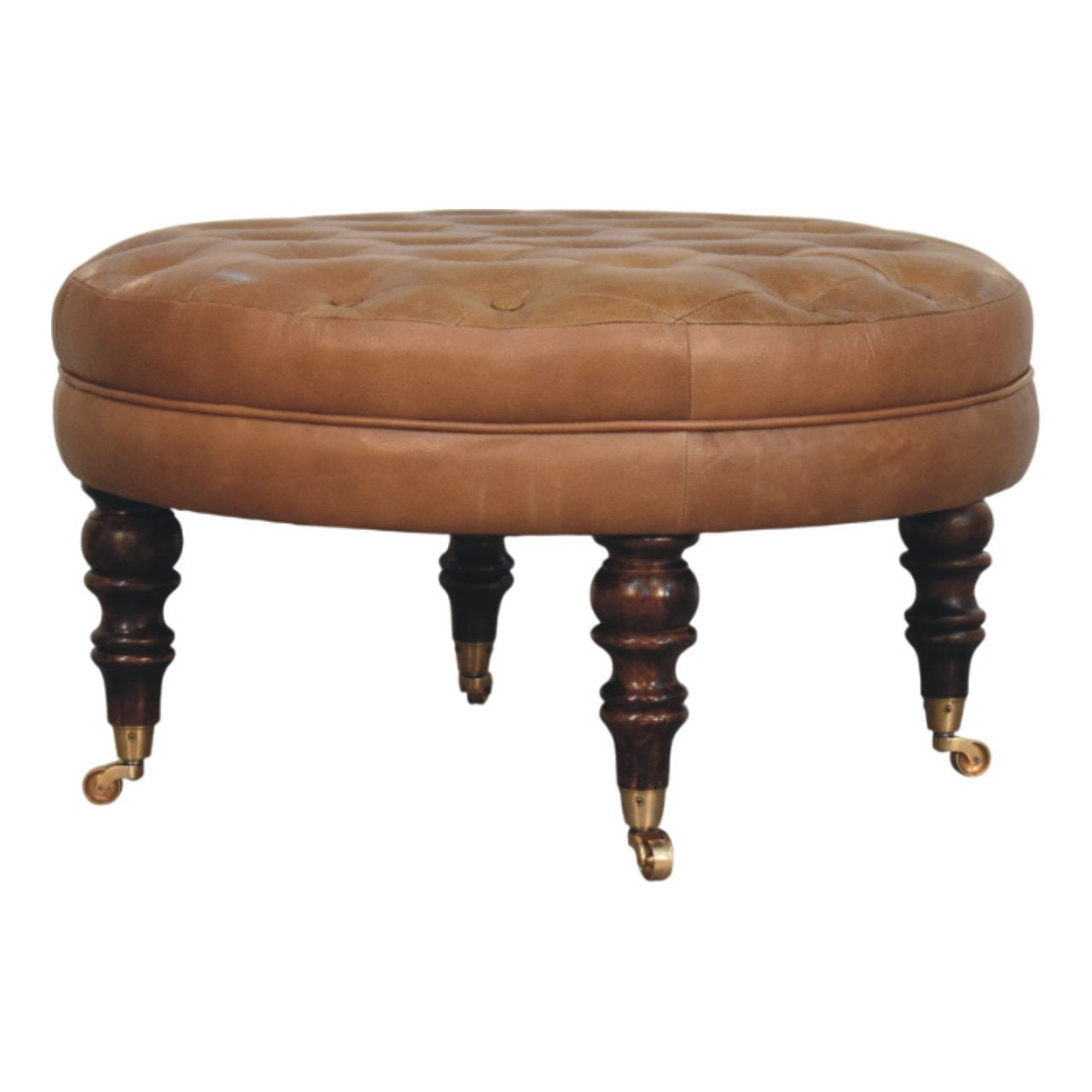 Brown Buffalo Leather Round Ottoman – Solid Mango Wood Castor Legs