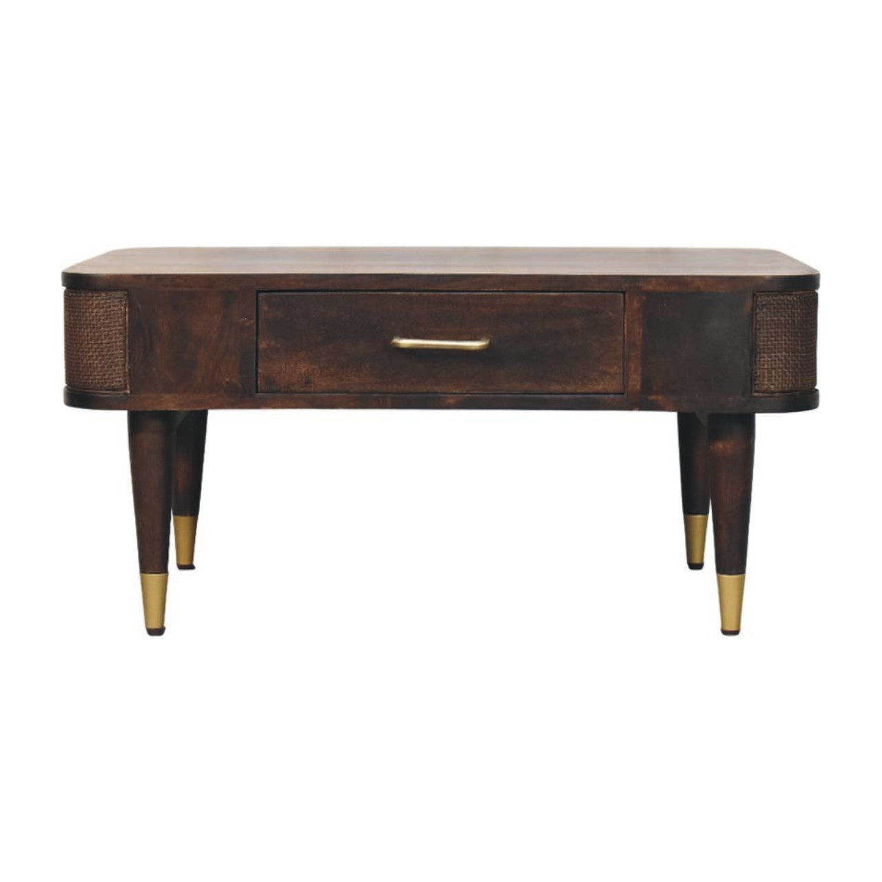 Velvet Mocha Coffee Table with Drawer & Brass Accents – Elegant Solid Mango Wood Table