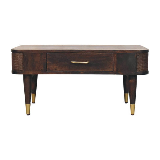 Velvet Mocha Coffee Table with Drawer & Brass Accents – Elegant Solid Mango Wood Table