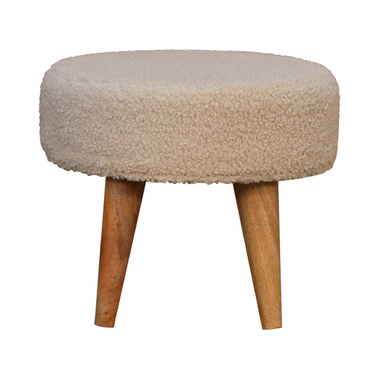 Cream Bouclé Petite Footstool – Handwoven Cotton with Solid Wood Legs