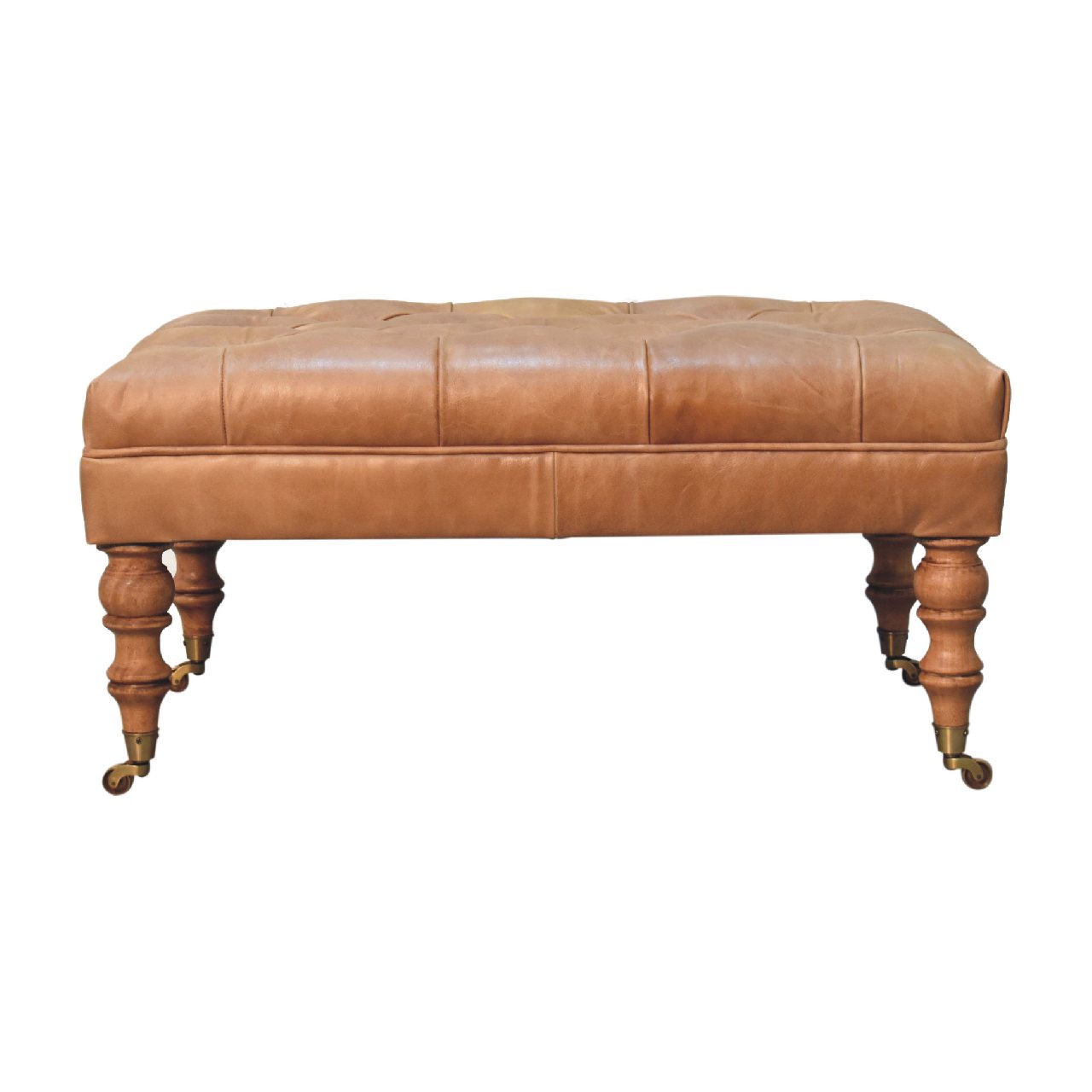 Buffalo Tan Leather Ottoman – Solid Mango Wood Castor Legs