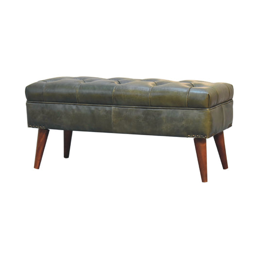 Harbour Green Leather Bench – Olive Buffalo Hide & Solid Wood Legs