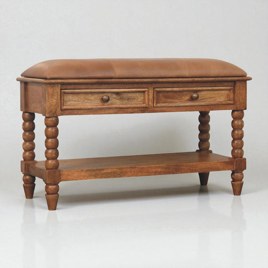 Handmade Mango Wood Entryway Bench with Cushion – Vintage Turned Legs & Storage Drawers