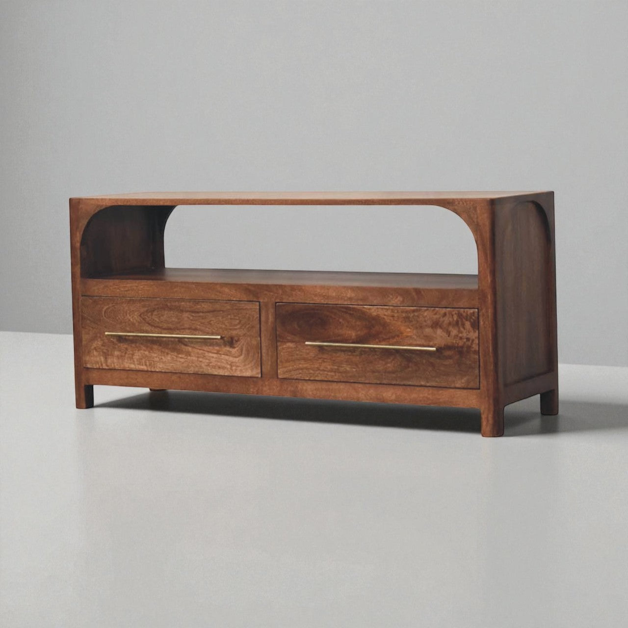 Arc-Line Solid Mango Wood Media Console – Roasted Almond Finish