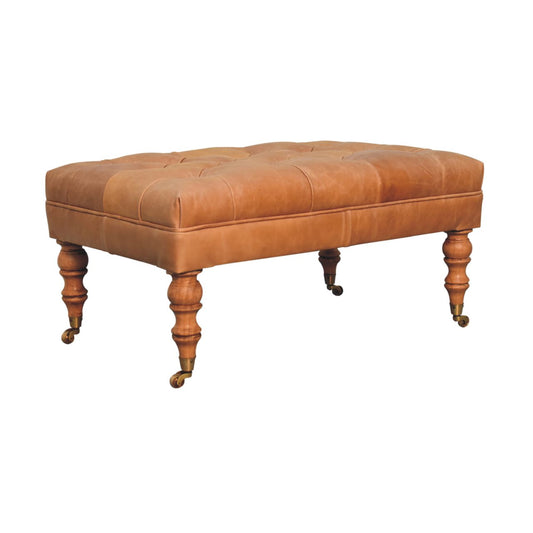 Buffalo Tan Leather Ottoman – Solid Mango Wood Castor Legs