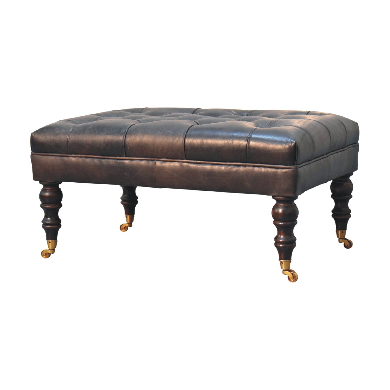Buffalo Ash Black Leather Bench Ottoman – Solid Mango Wood Castor Legs