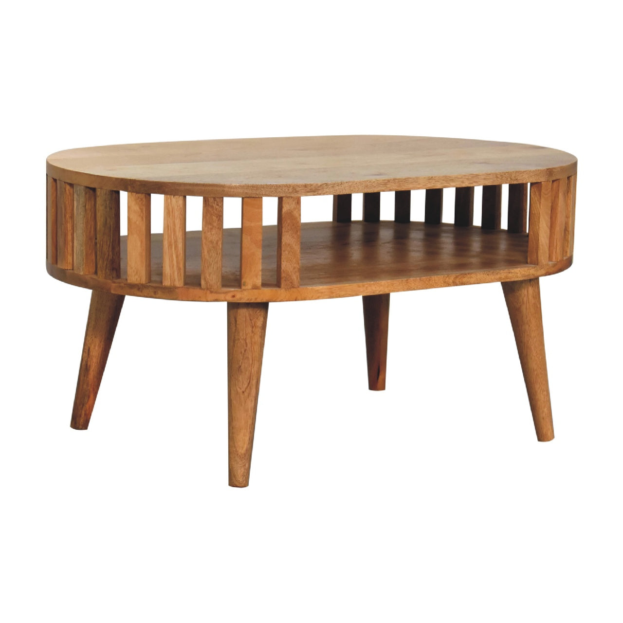 Round Oak Coffee Table with Open Shelf — Solid Mango Wood