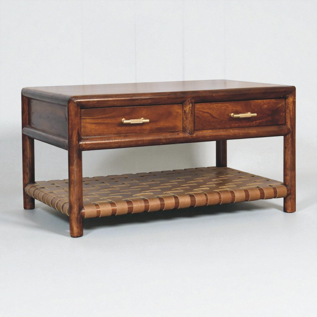 Handmade Regency Woven Console Table – Mango Wood Chestnut Finish with Drawers