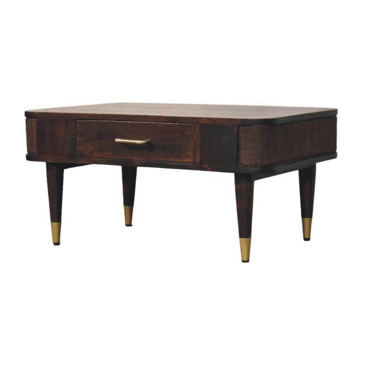 Velvet Mocha Coffee Table with Drawer & Brass Accents – Elegant Solid Mango Wood Table
